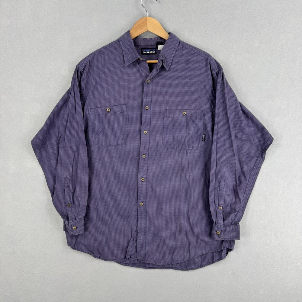 Vintage Patagonia Shirt Mens Large Purple Check Long Sleeve Button Up Early 90s
